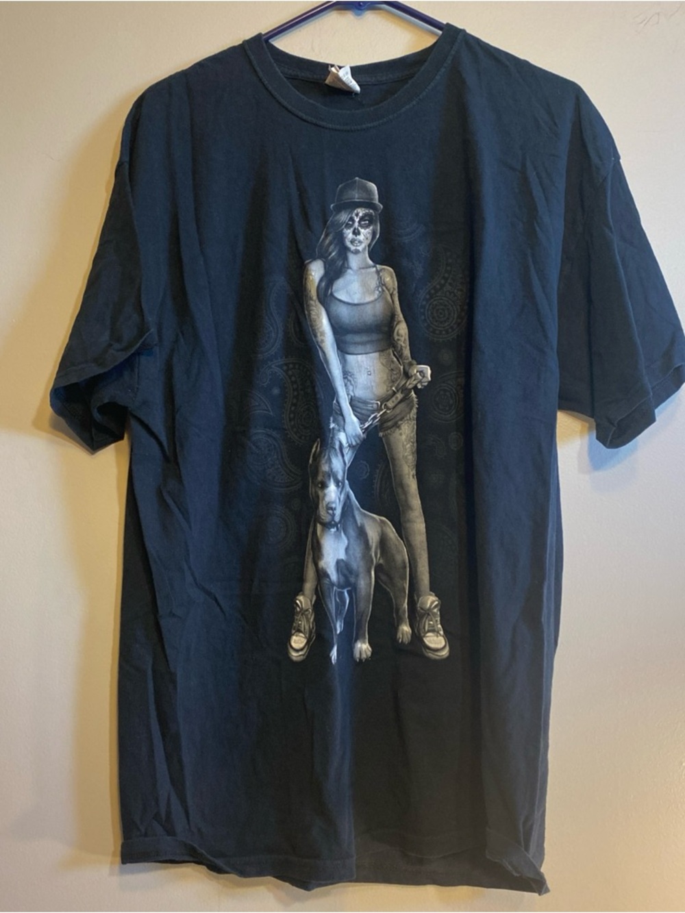 Vintage Tatted Skull Day Of The Dead‎  Girl Pitbull Black T Shirt Size XL